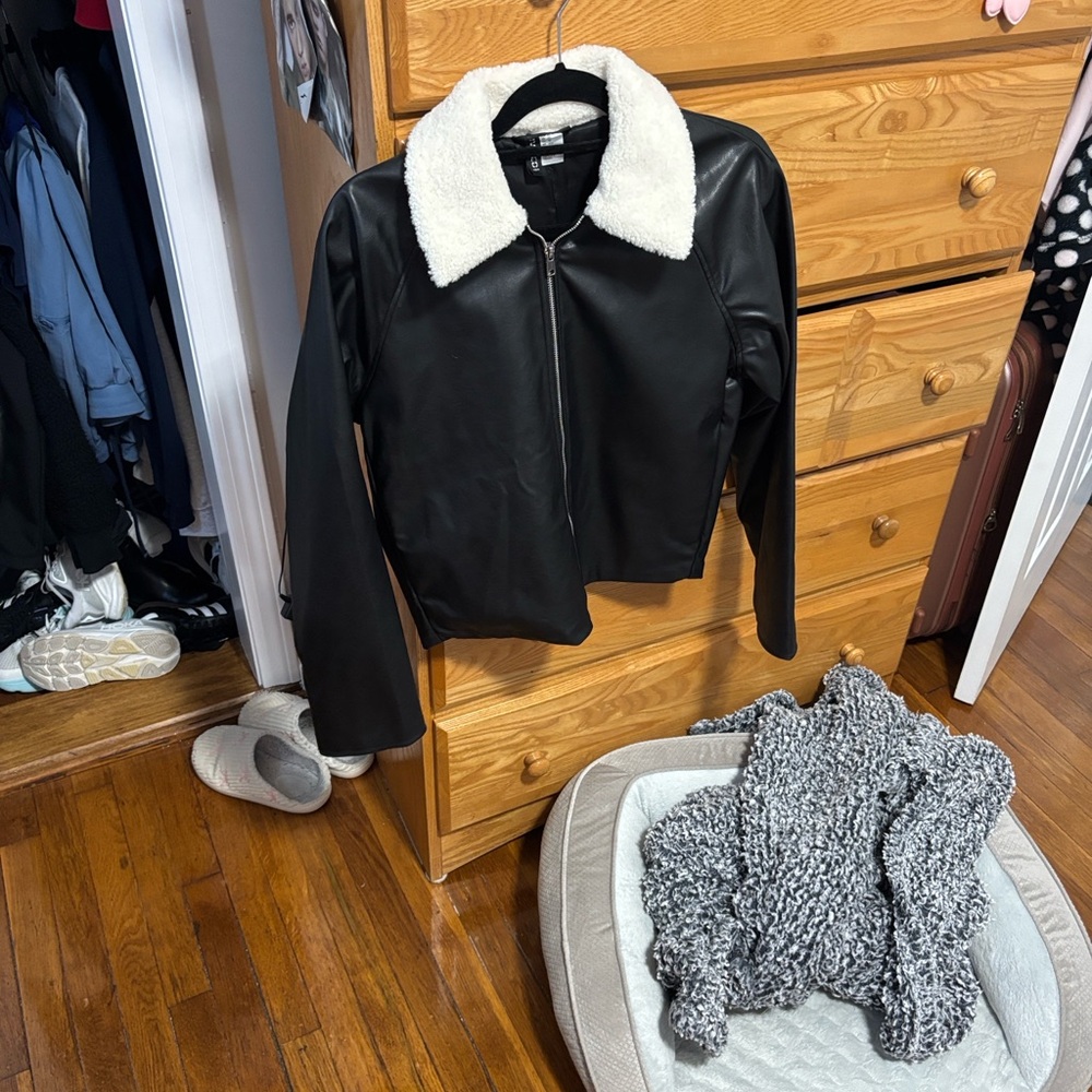H&M Black Leather Jacket with Cream Collar